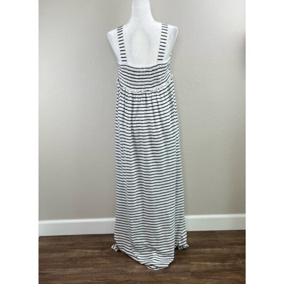 Caslon Easy Stripe Cotton Blend Navy White Smocked Sleeveless Maxi Dress Small - Picture 3 of 13